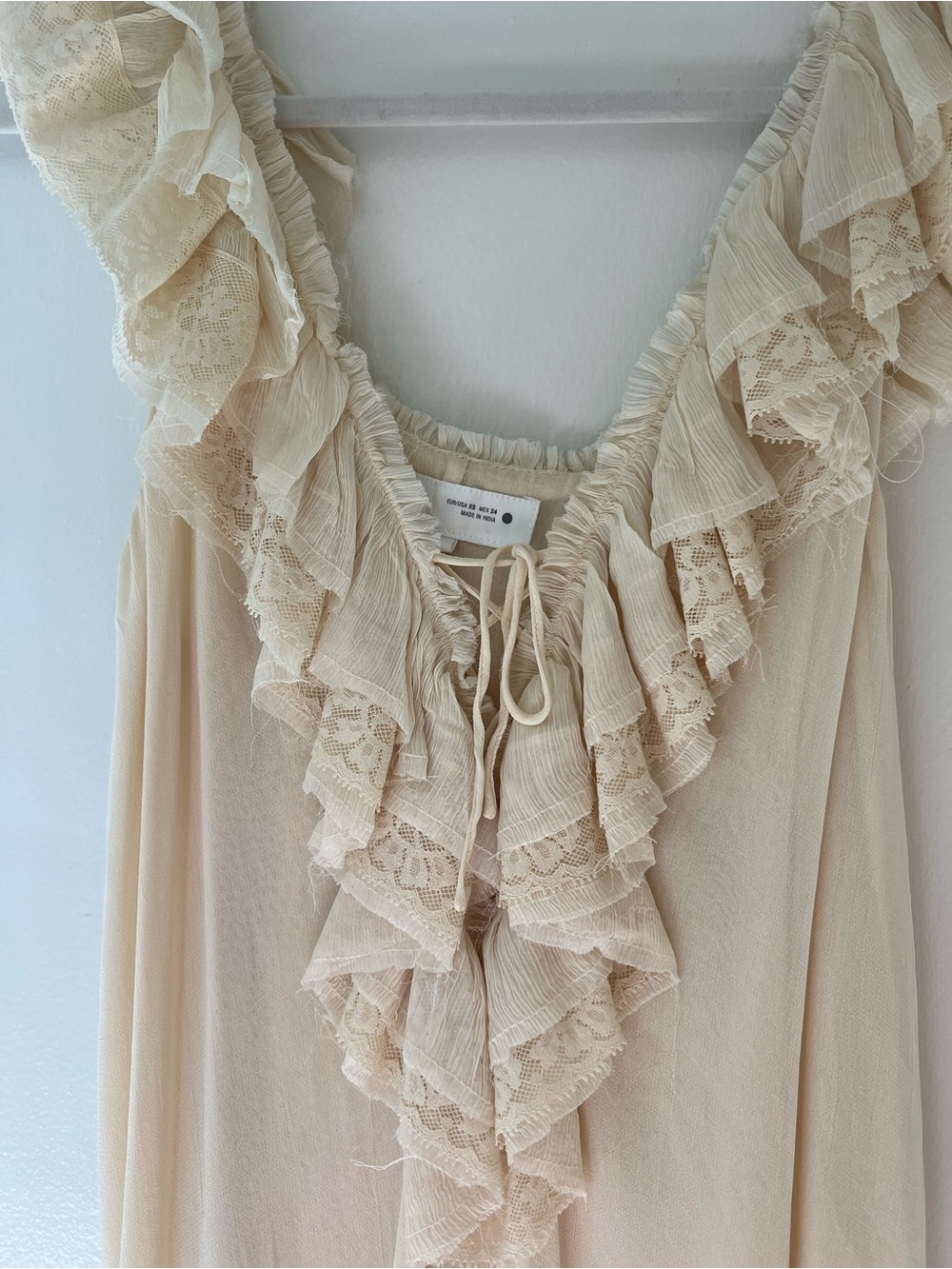 Zara Cream Ruffled Lace-Trim V-Neck Blouse